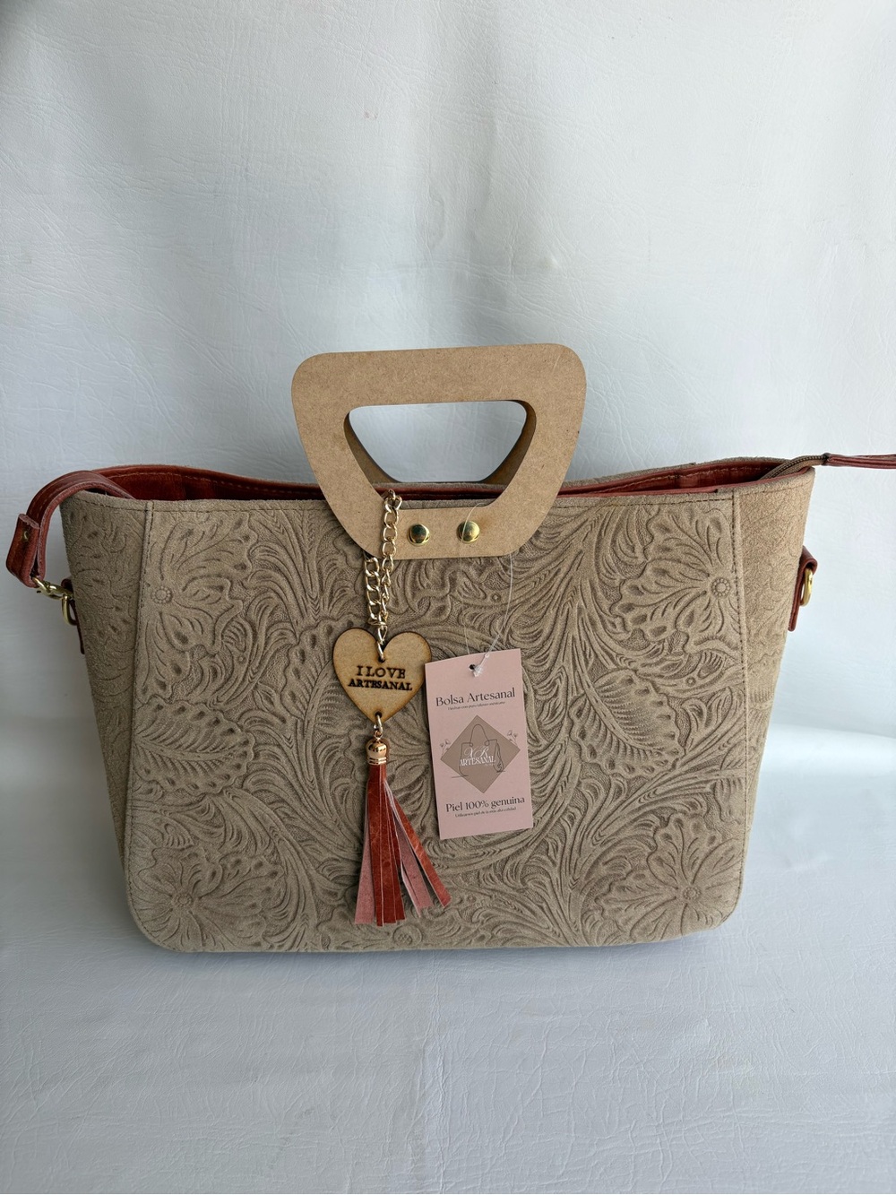 Artisanal Beige Floral Embossed Tote with Wood Handle and Tassel Genuine Leather